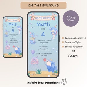 Digitale uitnodiging voor kinderverjaardag zeedieren, aanpasbare uitnodiging onderwaterfeest, e-card verjaardag WhatsApp, sjabloon Canva
