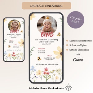 Einladung Kindergeburtstag 1. Geburtstag mit Foto, Personalisierbare Einladungskarte WhatsApp Blumen, Digitale E-Card Mädchen, Vorlage Canva