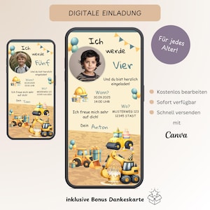 Invito digitale compleanno bambini cantiere escavatore, invito ragazzo personalizzabile con foto, e-card compleanno WhatsApp, modello Canva