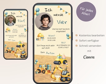 Digital invitation for children's birthday party, excavator construction site, personalizable invitation for boys with photo, e-card birthday WhatsApp, template Canva