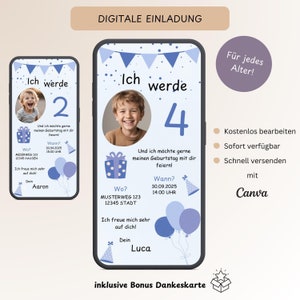 Einladung zum Kindergeburtstag mit Luftballon & Foto, Personalisierbare digitale Einladungskarte Junge, E-Card WhatsApp Blau, Vorlage Canva