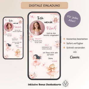 Convite fada de aniversário infantil com foto, cartão de convite digital personalizável rosa menina, e-card de aniversário WhatsApp, modelo Canva