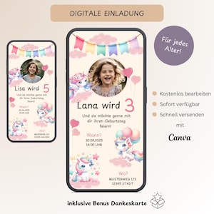 Convite unicórnio de aniversário infantil com foto, cartão de convite digital personalizável para meninas, cartão eletrônico de aniversário WhatsApp, modelo Canva