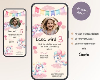 Unicorn birthday invitation with photo, personalizable digital invitation card for girls, e-card birthday WhatsApp, template Canva