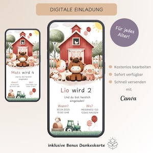 Invito compleanno bambini fattoria e animali, biglietto d'invito digitale personalizzabile ragazzi, e-card compleanno WhatsApp, modello Canva