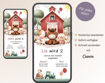 Einladung Kindergeburtstag Bauernhof & Tiere, Personalisierbare digitale Einladungskarte Jungen, E-Card Geburtstag WhatsApp, Vorlage Canva