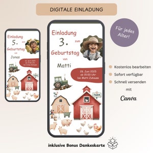 Digitale Einladungskarte Kindergeburtstag Bauernhof, WhatsApp Geburtstagseinladung Kinder mit Foto, E-Card Einladung Tiere, Vorlage Canva
