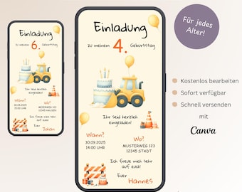 Children's birthday invitation excavator construction site, personalizable digital invitation card boy, e-card WhatsApp birthday, template Canva