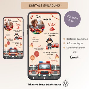 Einladung Kindergeburtstag Feuerwehr mit Foto, Personalisierbare digitale Einladungskarte Geburtstag Junge, E-Card WhatsApp, Vorlage Canva