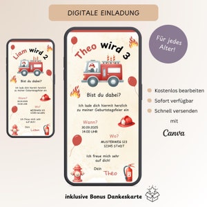 Invito compleanno bambini vigili del fuoco, biglietto d'invito digitale personalizzabile ragazzo, e-card WhatsApp compleanno bambini, modello Canva
