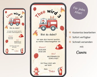 Invitation Children's Birthday Fire Brigade, Personalizable Digital Invitation Card Boy, E-Card WhatsApp Birthday Children, Template Canva