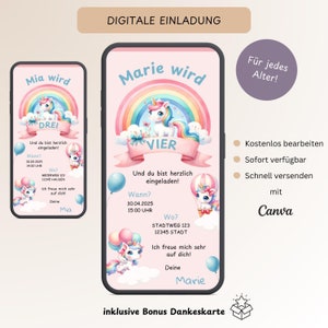 Invito compleanno bambini unicorno e arcobaleno, invito digitale personalizzabile per ragazze, e-card compleanno WhatsApp, modello Canva