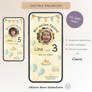 Convite de aniversário infantil com balão e foto, cartão de convite digital personalizável menino menina, e-card WhatsApp, modelo Canva