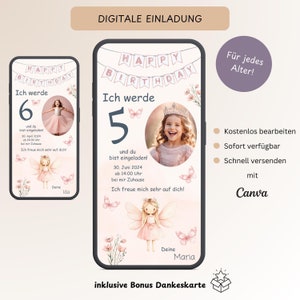 Invitación hada cumpleaños infantil con foto, tarjeta de invitación digital personalizable niña rosa, tarjeta electrónica cumpleaños WhatsApp, plantilla Canva