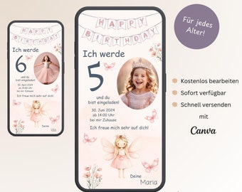Fairy invitation for children&#39;s birthday with photo, personalizable digital invitation card for girls pink, e-card birthday WhatsApp, template Canva