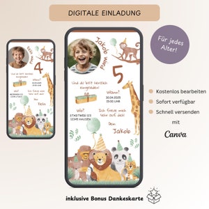 Convite aniversário infantil animais zoológico com foto, convite digital personalizável celular, e-card aniversário leão WhatsApp, modelo Canva