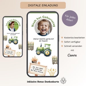 Biglietto d'invito digitale per il compleanno dei bambini trattore con foto, invito compleanno WhatsApp email ragazzi, modello e-card fattoria Canva