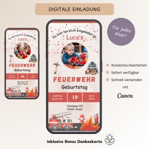 Convite de aniversário infantil do Corpo de Bombeiros com foto, cartão de convite digital personalizável menino, e-card WhatsApp, modelo de aniversário Canva