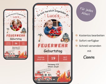 Invitation Children's Birthday Fire Brigade with Photo, Personalizable Digital Invitation Card Boy, E-Card WhatsApp, Template Birthday Canva