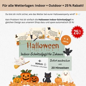 May include: A Halloween-themed graphic with the text "Halloween Indoor-Schnitzeljagd f&uuml;r Zuhause" and illustrations of pumpkins, a black cat, a ghost, and a bat. The image also includes the text "25% OFF".
