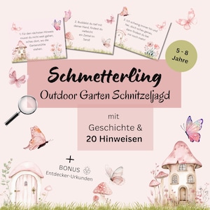 Outdoor Schnitzeljagd Kinder 5-8 Jahre, Schmetterling Schatzsuche Garten Schnitzeljagd Kindergeburtstag zum Ausdrucken, Schatzsuche draußen
