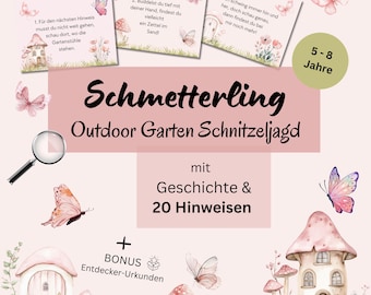 Outdoor scavenger hunt for children 5-8 years, butterfly treasure hunt garden scavenger hunt for children&#39;s birthdays to print, treasure hunt outside