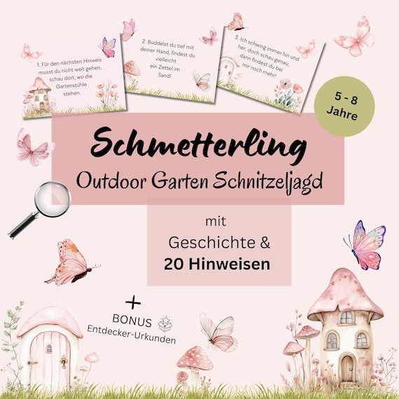 Outdoor Schnitzeljagd Kinder 5-8 Jahre, Schmetterling Schatzsuche Garten Schnitzeljagd Kindergeburtstag zum Ausdrucken, Schatzsuche draußen