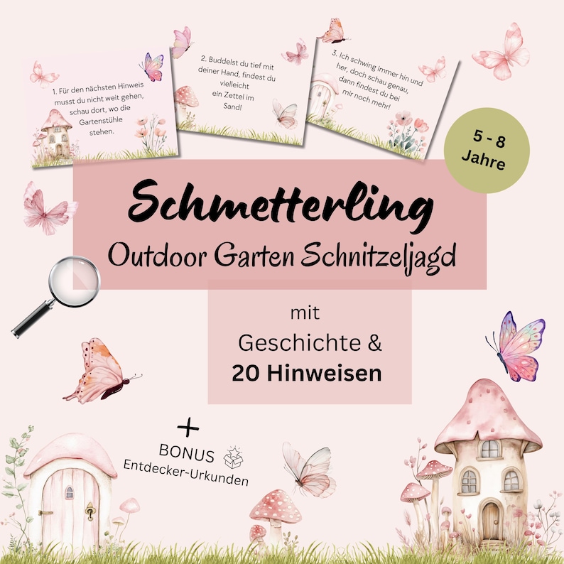 Pu&ograve; includere: Un'illustrazione rosa e bianca di una casa di fungo con una porta e una farfalla. Il testo "Schmetterling Outdoor Garten Schnitzeljagd" &egrave; scritto in lettere nere. Il testo "5-8 Jahre" &egrave; scritto in lettere nere. Il testo "mit Geschichte & 20 Hinweisen" &egrave; scritto in lettere nere. Il testo "BONUS Entdecker-Urkunden" &egrave; scritto in lettere nere.