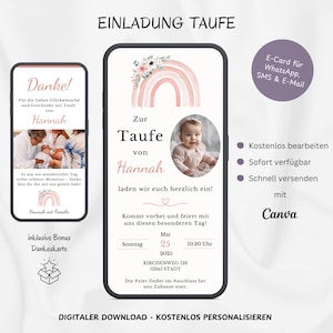 Convite digital de batismo arco-íris, cartão de convite personalizável para batismo de menina, convite de batismo arco-íris WhatsApp e modelo de foto Canva