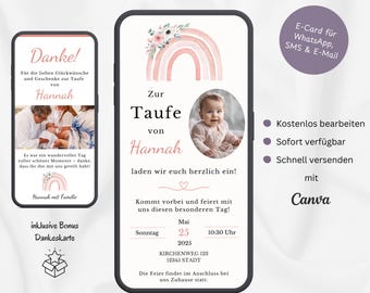 Digitale Einladung Taufe Regenbogen, personalisierbare Einladungskarte Taufe Mädchen, Taufeinladung Regenbogen WhatsApp & Foto Vorlage Canva