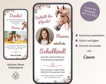 Puede incluir: Una invitación digital rosa y blanca con un borde floral y una imagen de un caballo. El texto dice "Sattelt die Pferde!" y "Hanna wird ein Schulkind!" La invitación es para un evento escolar el 21 de agosto de 2025 a las 10:00 am. La invitación está diseñada con Canva.