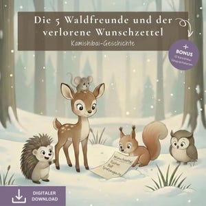 Może przedstawiać: Cyfrowa ilustracja do pobrania przedstawiająca zaśnieżoną scenę ze zwierzętami leśnymi. Obraz przedstawia jelenia z myszą, jeża, wiewiórkę i sowę. Tekst na obrazie brzmi "Die 5 Waldfreunde und der verlorene Wunschzettel".