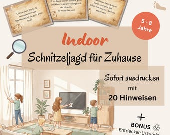 Indoor scavenger hunt for children 5-8 years old. Indoor scavenger hunt for children's birthdays to print. Treasure hunt for home. PDF Download.