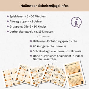 May include: A Halloween-themed scavenger hunt game with informational text and cards. The text includes details on playtime, age group, group size, and preparation time. The cards feature Halloween graphics and text.