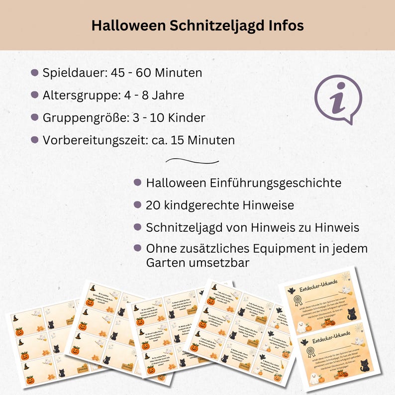 May include: A Halloween-themed scavenger hunt game with informational text and cards. The text includes details on playtime, age group, group size, and preparation time. The cards feature Halloween graphics and text.