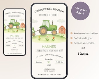 Invitation for a 1st birthday party with a tractor theme, customizable digital invitation card for a farm-themed birthday party, WhatsApp template, Canva