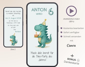 Einladung Kindergeburtstag Dino Einladungskarte animiert, Digitale Einladung Kinder WhatsApp E-Card Junge, Personalisierbare Vorlage Canva