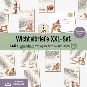 Könnte beinhalten: Eine Sammlung druckbarer Vorlagen mit dem Titel Wichtelbriefe XXL-Set, die über 140 editierbare Dokumente enthält. Die Seiten zeigen Illustrationen eines kleinen Wichtels und eines Rentiers, deutschen Text und ein rundes Abzeichen mit der Aufschrift 2. Jahr.