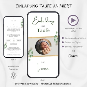 Invitation numérique baptême eucalyptus, carte d'invitation animée baptême photo, invitation baptême personnalisable or modèle vidéo WhatsApp Canva