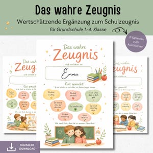 Op de afbeelding: Een digitale download met drie versies van een schoolcertificaat in het Duits. De certificaten hebben een aquarelontwerp met perzik- en groene tekst. De tekst bevat "Das wahre Zeugnis" en "Emma".