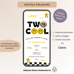 Invitation numérique pour l'anniversaire des enfants Two Cool avec photo, carte d'invitation personnalisable pour les garçons du 2e anniversaire, modèle de carte électronique WhatsApp Canva