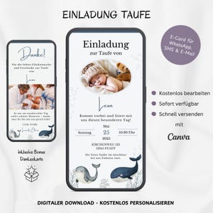 Digitale Einladung Taufe Fisch & Foto, personalisierbare Einladungskarte Taufe Mädchen Jungen Baby, Taufeinladung WhatsApp Wal Vorlage Canva