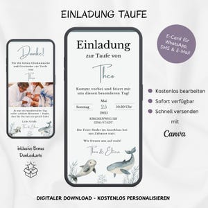 Digitale Einladung Taufe Fisch Wal, personalisierbare Einladungskarte Taufe Mädchen Jungen, Taufeinladung WhatsApp Baby Blau, Vorlage Canva