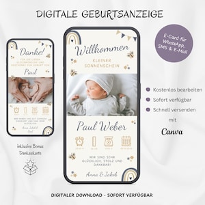 Anuncio de nacimiento digital WhatsApp arco iris boho, anuncio de tarjeta electrónica personalizable niño de nacimiento, tarjeta de nacimiento bebé teléfono celular, plantilla Canva