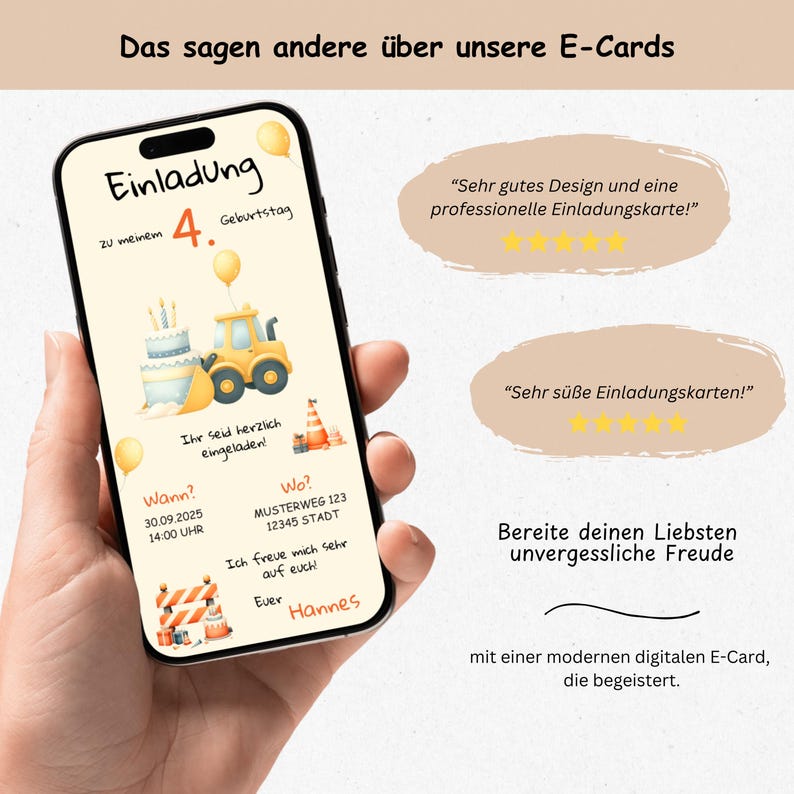 May include: A digital invitation for a 4th birthday party with a yellow construction vehicle and a cake. The invitation includes the date, time, and location of the party. The text on the invitation reads "Einladung zu meinem 4. Geburtstag", "Ihr seid herzlich eingeladen!" and "Wann? 30.09.2025 14:00 UHR", "Wo? MUSTERWEG 123 12345 STADT", "Ich freue mich sehr auf euch! Ever Hannes".