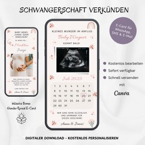 Annonce numérique bébé WhatsApp, révéler l'annonce de grossesse individuellement avec photo, e-carte neutre personnalisable, modèle Canva