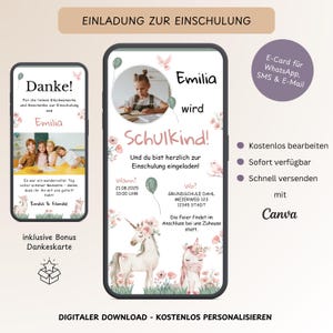 Convite digital para o primeiro dia de aula das meninas e foto, e-card personalizado para WhatsApp, convite para o primeiro dia de aula com um unicórnio, template Canva