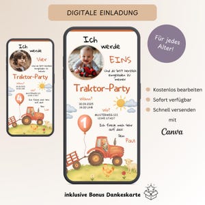 Cyfrowe zaproszenie na przyjęcie urodzinowe dla dzieci 1 urodziny traktor, personalizowana karta zaproszenia urodziny farma szablon WhatsApp Canva