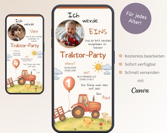 Digital invitation for a 1st birthday party with a tractor theme, customizable farm-themed birthday invitation card, WhatsApp template, Canva