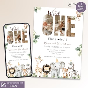 May include: A birthday invitation with the text "Wild One" and a photo of a baby. The invitation includes the name "Elias" and event details. The design features jungle animal illustrations and tropical leaves. A digital thank you card is included.